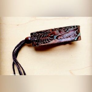 Narrow Reversible Leather Cuff Turquoise Brown Floral